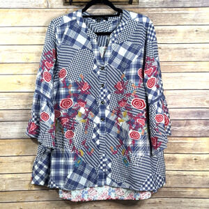 Caleesa Blue White Pink Plaid Floral Embroidered Boho 3/4 Bell Sleeve Blouse 1X